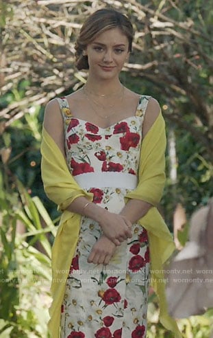 Megan’s red and white floral dress on The Arrangement