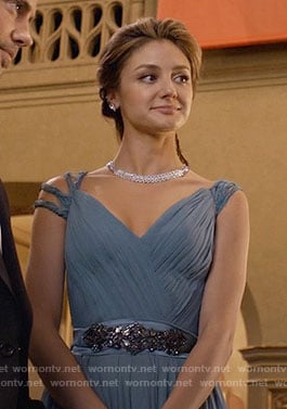 Megan’s blue pleated gown on The Arrangement