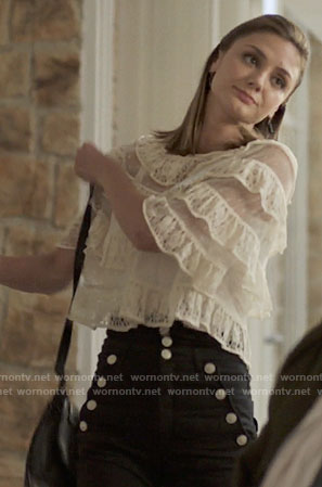 Megan’s ruffled lace top and button front jeans on The Arrangement
