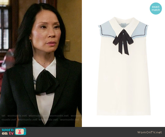 Miu Miu Pussy-bow chiffon-paneled silk crepe de chine top worn by Joan Watson (Lucy Liu) on Elementary