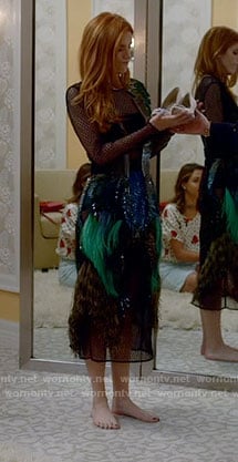 Paige’s green feather dress on Famous in Love