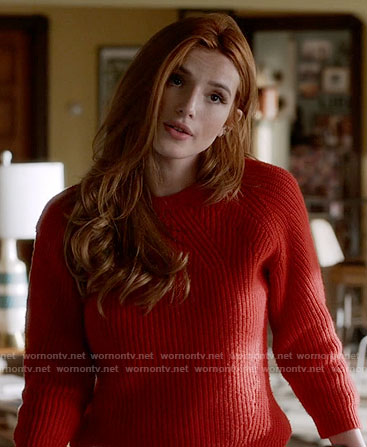 Paige’s red ribbed sweater on Famous in Love