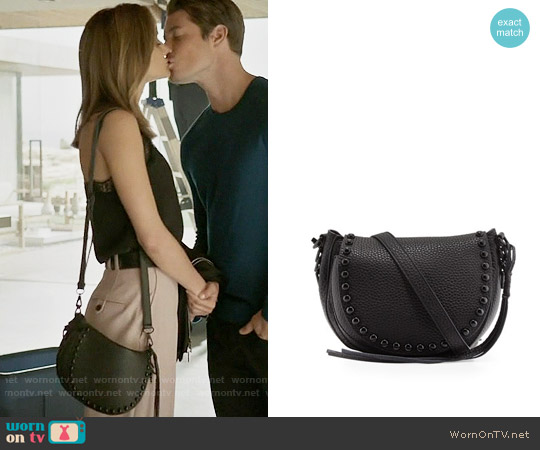 Rebecca Minkoff Pebbled Leather Studded Saddle Bag worn by Megan Morrison (Christine Evangelista) on The Arrangement