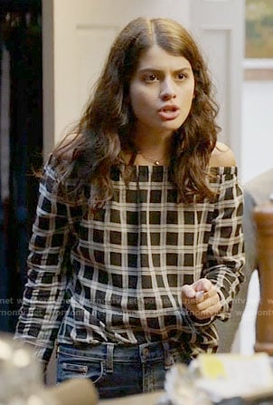 Sabrina’s black checked off-shoulder top on The Mick