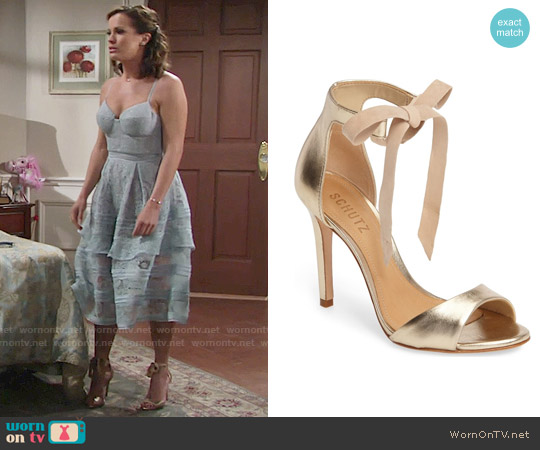 Schutz Rene Sandal in Platina Nappa Leather worn by Chelsea Lawson (Melissa Claire Egan) on The Young and the Restless