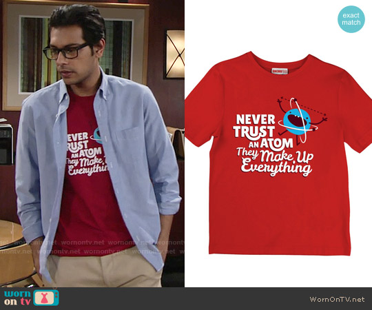 Snorg Tees Never Trust An Atom, They Make Up Everything T-shirt worn by Ravi Shapur (Abhi Sinha) on The Young and the Restless