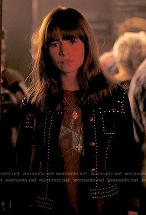 Sophia’s black studded denim jacket on Girlboss