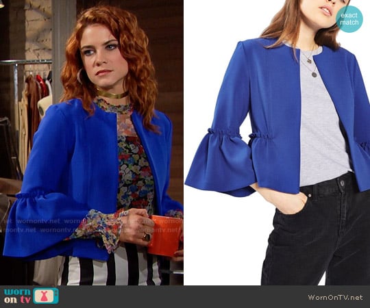 Topshop Ruffle Crop Jacket in Blue worn by Sally Spectra (Courtney Hope) on The Bold and the Beautiful