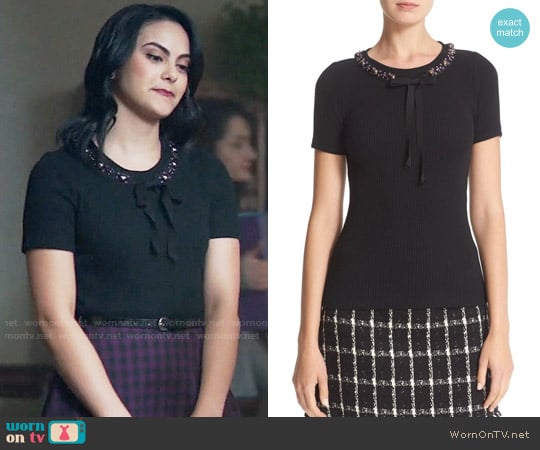 Tory Burch Pelham Embellished Ribbon Neck Ribbed Sweater worn by Veronica Lodge (Camila Mendes) on Riverdale