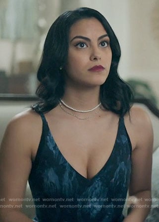 Veronica’s blue and black printed v-neck dress on Riverdale