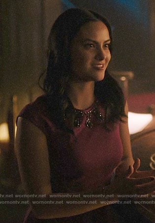 Veronica’s magenta dress with embellished neckline on Riverdale