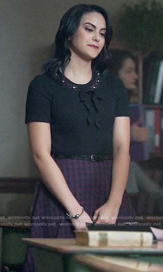 Veronica’s black embellished top and purple checked skirt on Riverdale