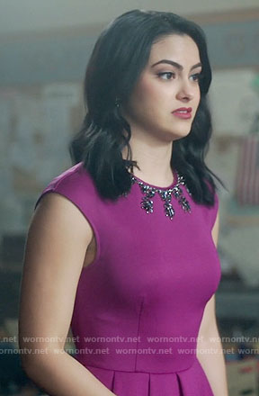 Veronica’s magenta dress with embellished neckline on Riverdale