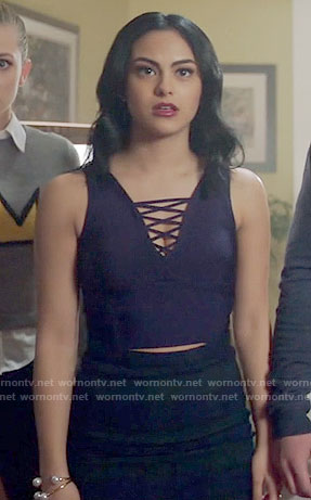 Veronica’s navy blue lace-up crop top on Riverdale