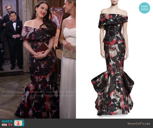 Zac Posen Off-the-Shoulder Printed Mermaid Gown worn by Max Black (Kat Dennings) on 2 Broke Girls