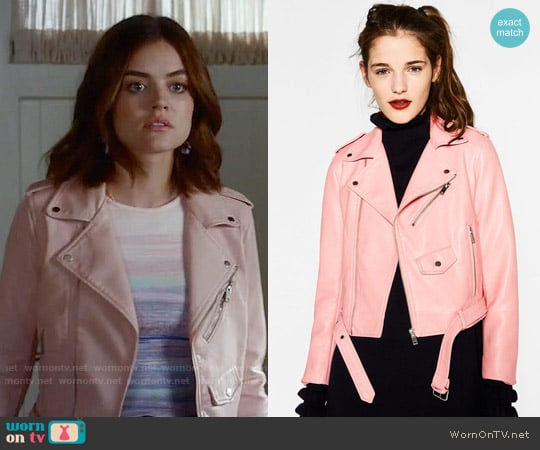 Zara Leather Effect Jacket worn by Aria Montgomery (Lucy Hale) on Pretty Little Liars
