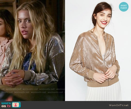Zara Fine Pleated Metallic Bomber Jacket worn by Hanna Marin (Ashley Benson) on Pretty Little Liars