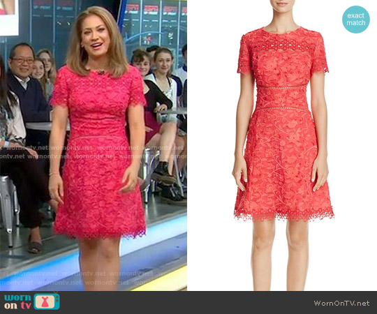 Elie Tahari Adina Short-Sleeve Floral Applique & Lace Dress worn by Ginger Zee on Good Morning America