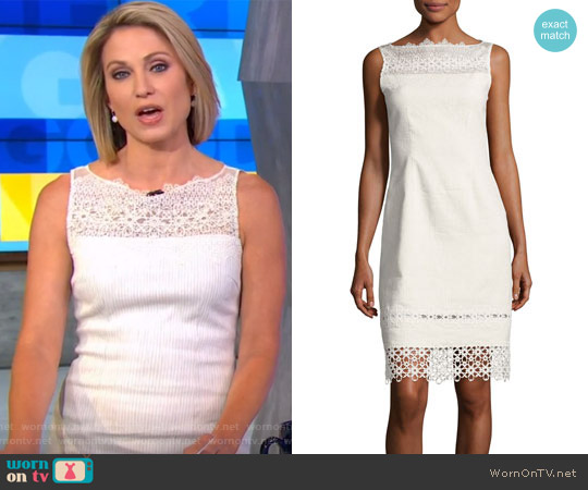 Elie Tahari Kallista Sleeveless Lace-Trim Sheath Dress worn by Amy Robach on Good Morning America
