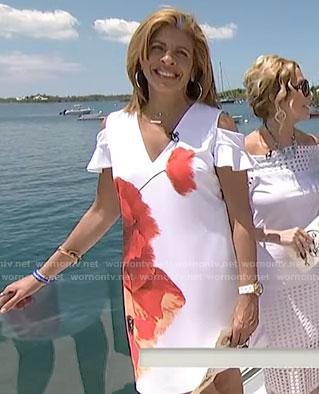 Hoda’s white poppy printed cold-shoulder dress on Today