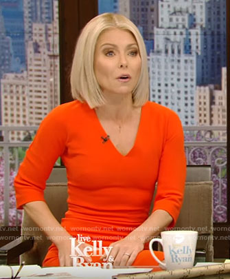 Kelly’s orange v-neck dress on Live With Kelly