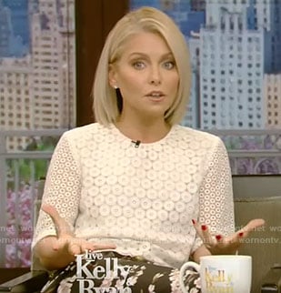 Kelly’s white lace cropped top on Live With Kelly