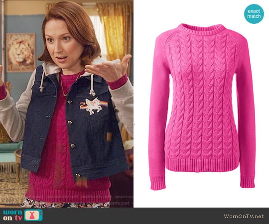 Lands End Drifter Cable Sweater in Vibrant Magenta worn by Kimmy Schmidt (Ellie Kemper) on Unbreakable Kimmy Schmidt