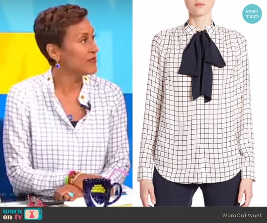 Michael Kors Windowpane Silk Tie-Neck Blouse worn by Robin Roberts on Good Morning America