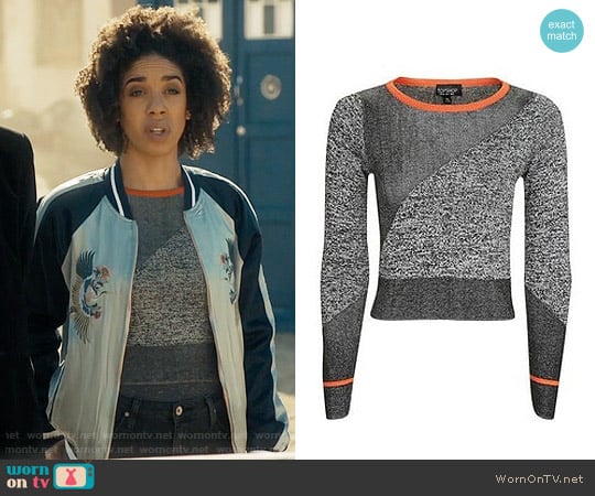 Topshop Mixed Marl Blocked Crop Jumper worn by Bill Potts (Pearl Mackie) on Doctor Who