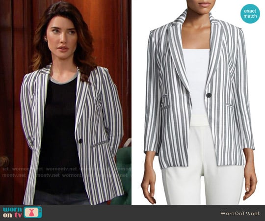Veronica Beard Beatriz Striped Bracelet-Sleeve Jacket worn by Steffy Forrester (Jacqueline MacInnes Wood) on The Bold and the Beautiful