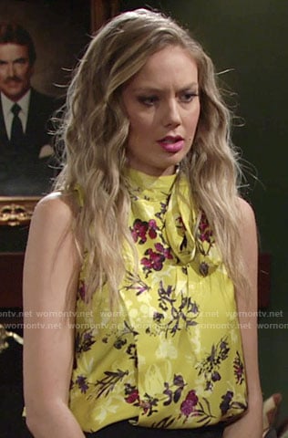 Abby’s yellow floral tie neck top on The Young and the Restless