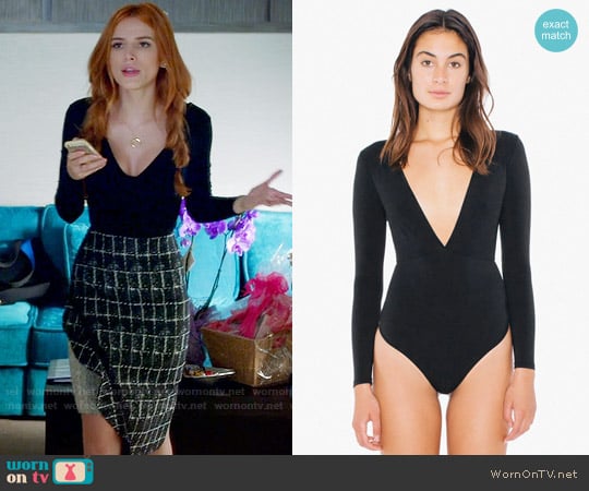 American Apparel Cotton Spandex Double V Bodysuit in Black worn by Paige Townsen (Bella Thorne) on Famous in Love