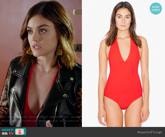 American Apparel Cotton Spandex Halter Bodysuit in Red worn by Aria Montgomery (Lucy Hale) on Pretty Little Liars
