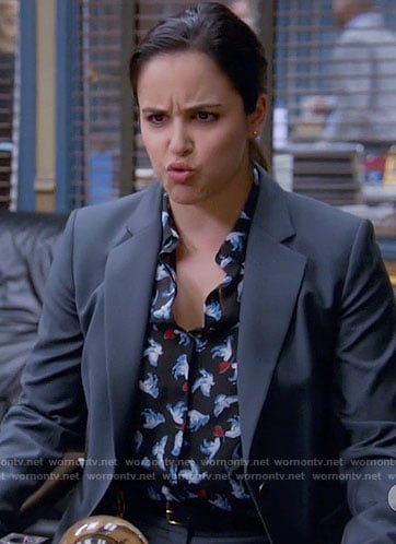 Amy’s black bird print shirt on Brooklyn Nine-Nine