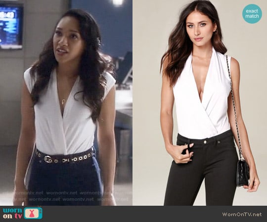 Bebe Sleeveless Wrap Bodysuit in White worn by Iris West (Candice Patton) on The Flash