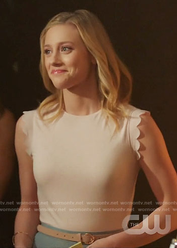 Betty’s blush top with scalloped shoulders on Riverdale