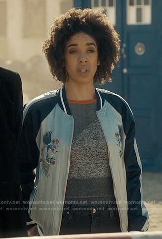 Bill’s blue embroidered bomber jacket on Doctor Who