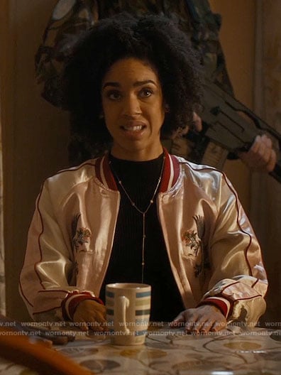 Bill’s pink embroidered bomber jacket on Doctor Who