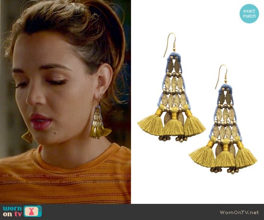 Bluma Project Sima Earrings in Steel/Citron worn by Cassandra (Georgie Flores) on Famous in Love