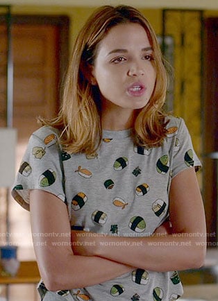 Cassie’s sushi print top on Famous in Love