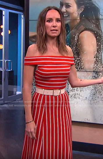 Catt’s red striped off-shoulder dress on E! News