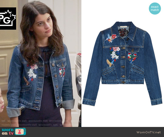 Maje Vivo Embroidered Denim Jacket worn by Sabrina Pemberton (Sofia Black D'Elia) on The Mick