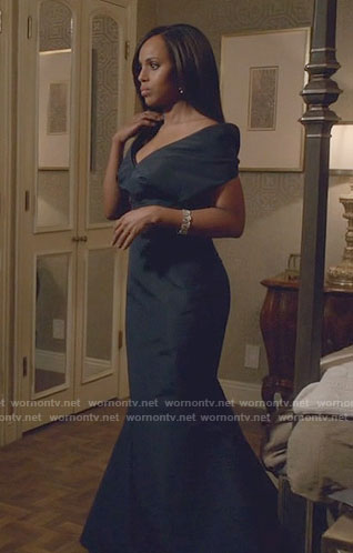 Olivia’s navy off-shoulder gown on Scandal