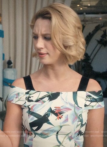 Petra’s white floral off-shoulder dress on Jane the Virgin