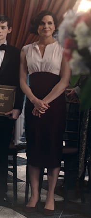 Regina’s black and white split-neck dress on Once Upon a Time