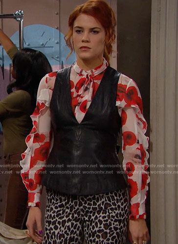 Sally’s red floral blouse and leather top on The Bold and the Beautiful