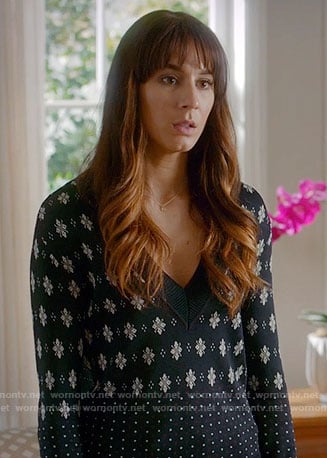 Spencer’s navy mixed print v-neck sweater on Pretty Little Liars
