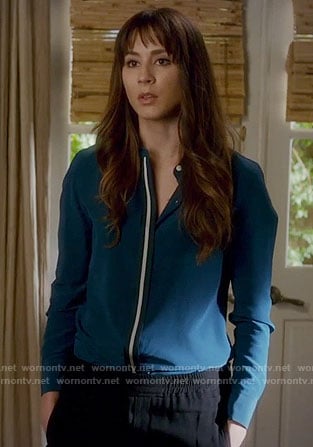 Spencer’s teal shirt with white stripe on Pretty Little Liars