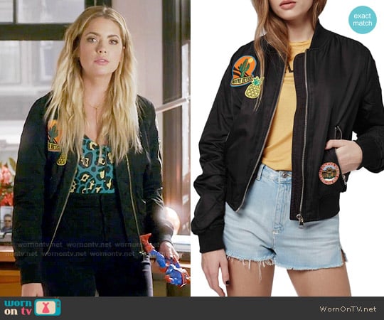 Topshop Badged Bruce Bomber Jacket worn by Hanna Marin (Ashley Benson) on Pretty Little Liars