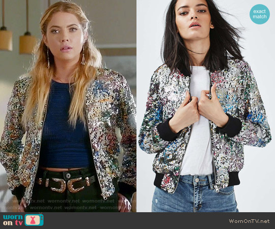 Topshop Sequin Bomber Jacket worn by Hanna Marin (Ashley Benson) on Pretty Little Liars